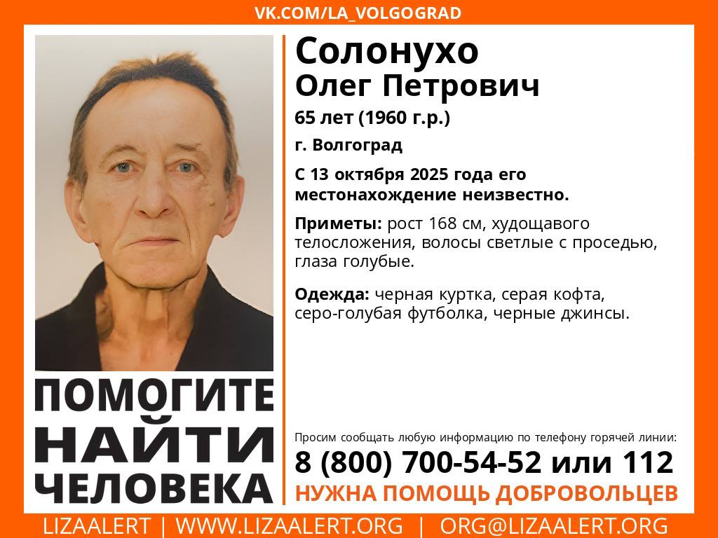 Волонтеры «Лиза Алерт» обратились за помощью к волгоградцам: в нашем городе потерялся 65-летний мужчина