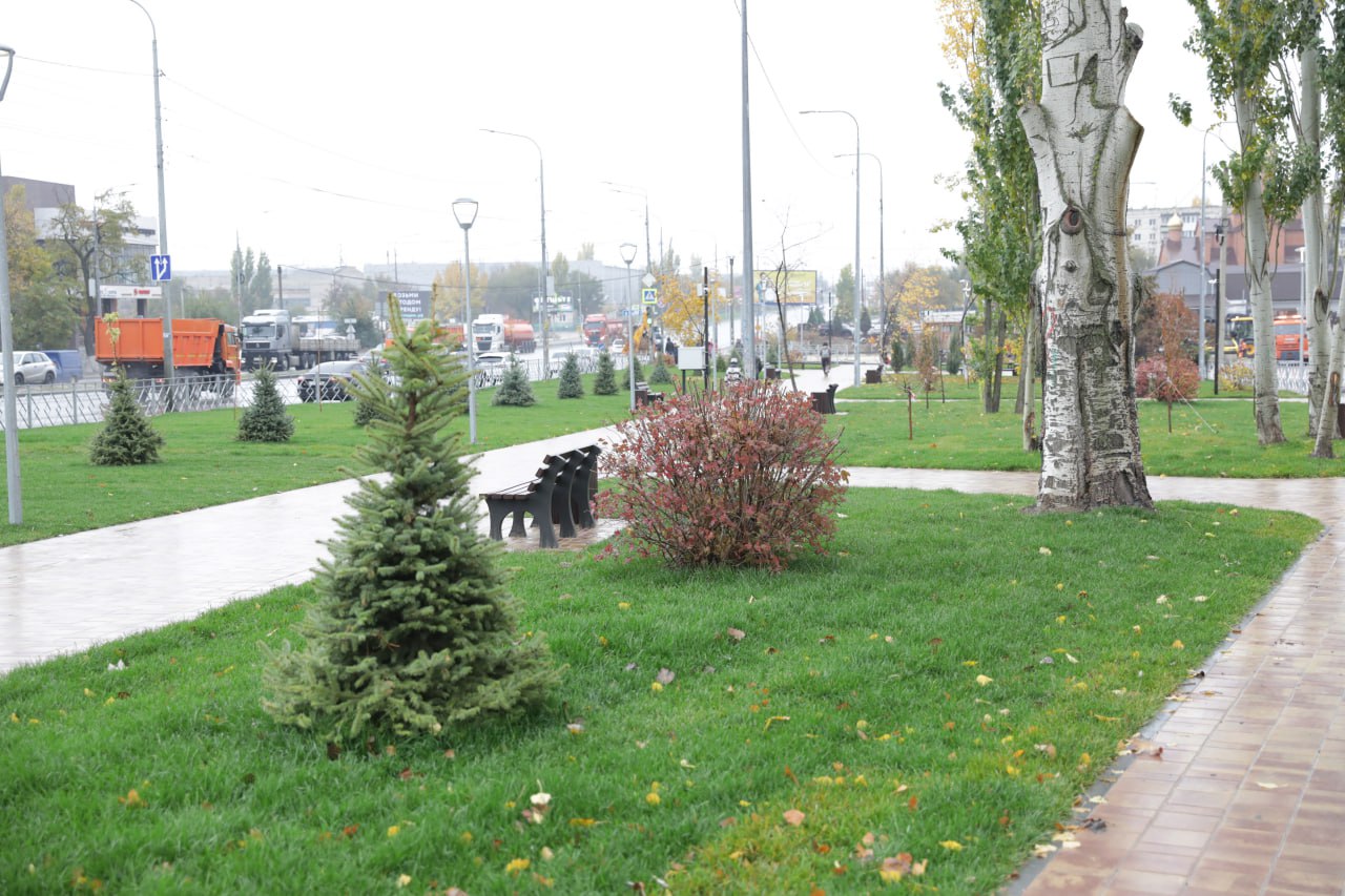 Пешеходная зона, островки для отдыха, малые архитектурные формы, зеленые насаждения и удобные спуски для маломобильных граждан - благоустройство общественной территории, прилегающей к ЗАГСу Советского района Волгограда...