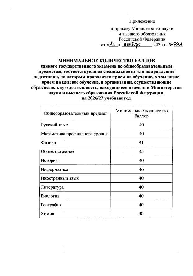 Минобрнауки РФ утвердило минимальное количество баллов ЕГЭ для поступления в вузы в 2026 году
