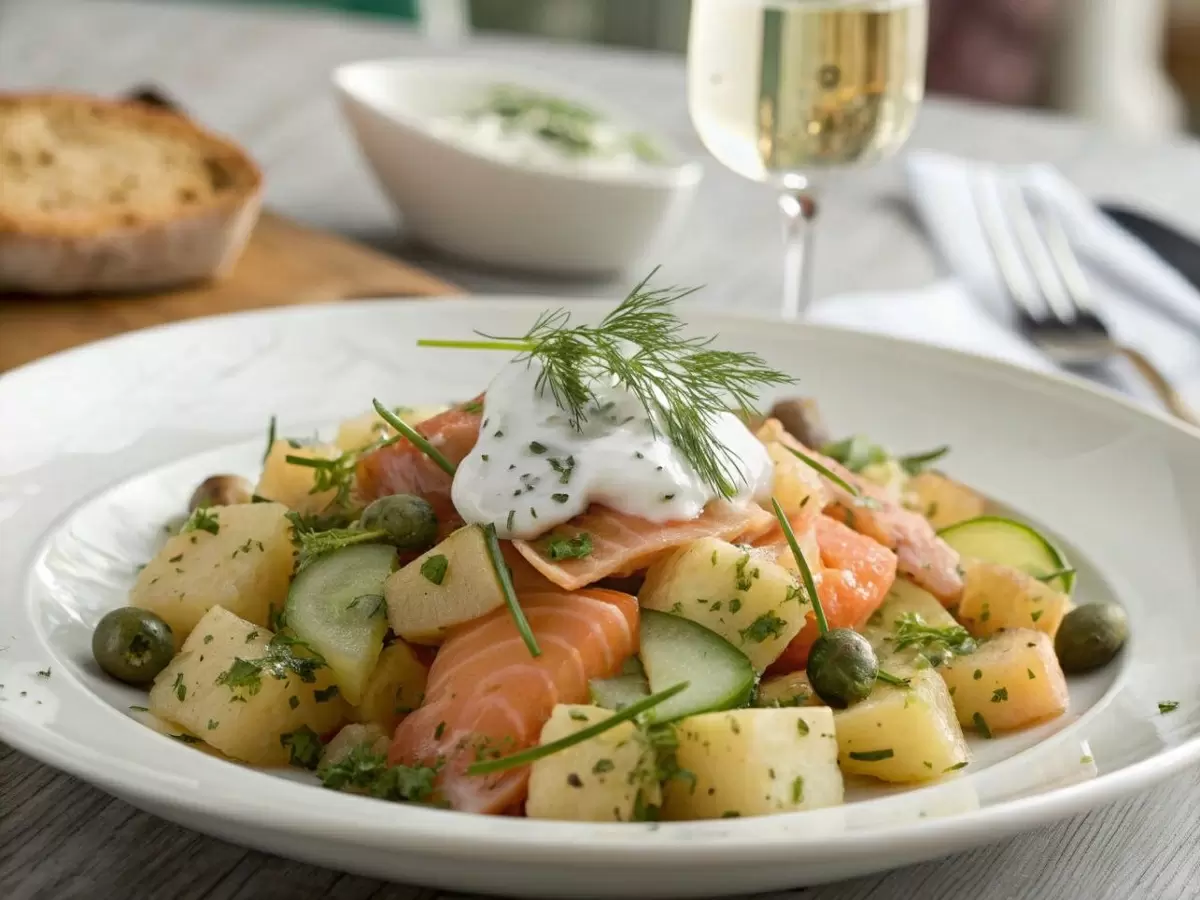 Картофельно-лососевый салат с йогуртово-горчичной заправкой