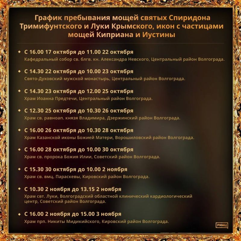 Ковчежцы с мощами великих святых: Спиридона Тримифунтского и Луки Крымского, а также иконы с частицами мощей Киприана и Иустины привезут в Волгоград